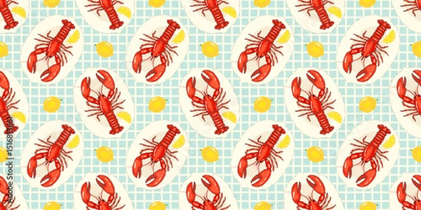 Fototapeta Colorful seamless pattern featuring red lobsters paired with lemons on a light blue checkered background, perfect for use in creative projects, kitchen decor, sea-themed designs. Vector illustration