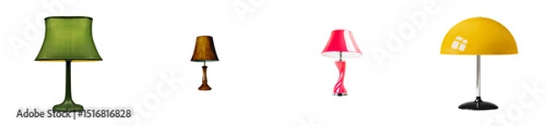 Obraz Assorted table lamps lined up against dark, cut out transparent