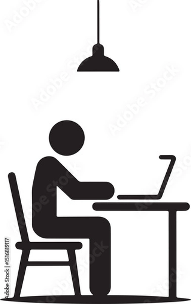 Fototapeta Office worker vector icon isolated on white background. Working place at the table with a laptop. Flat work computer icon
