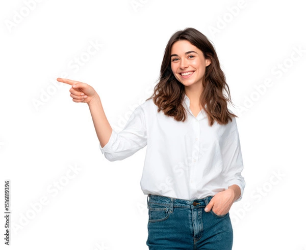 Fototapeta A smiling businesswoman pointing at a blank space on transparent background, PNG