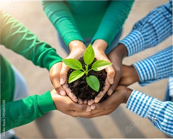 Fototapeta Collaborative Growth Hands Protecting a Young Sprout, Symbol of Teamwork and Environmental Stewardship, Cultivating a Sustainable Future Together