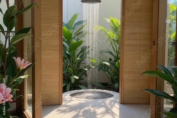Fototapeta organic interior bathroom design with circular rain shower above stone tiles, surrounded by bamboo partitions and tropical flowers, sunbeams casting vivid shadows across the floor.