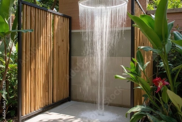 Fototapeta organic interior bathroom design with circular rain shower above stone tiles, surrounded by bamboo partitions and tropical flowers, sunbeams casting vivid shadows across the floor.