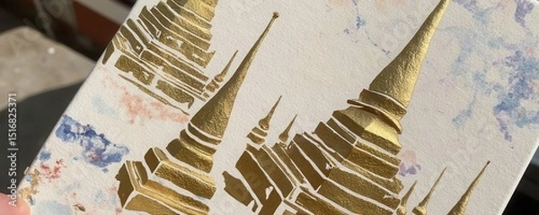 Fototapeta high angle closeup of layered mixed media art featuring gold foil Thai temple shapes merged with splashes of watercolor, set against rough canvas in natural daylight.