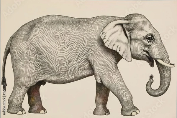 Fototapeta vertical composition showing detailed elephant forms in classic thai style, embedded in a modern, glitch art color treatment, balanced with empty negative space.