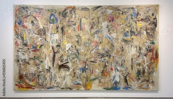 Fototapeta frontal shot of mural sized canvas displaying chaotic energetic composition with layers of Thai script, swirled paint, and rice husk texture.