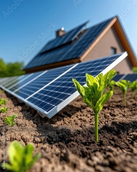 Fototapeta Home with solar panels in a vibrant backyard under a clear blue sky creating sustainable energy solutions