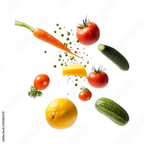 Fototapeta Vibrant Vegetables and Citrus Fruit in Mid-Air Isolated on Transparent Background PNG