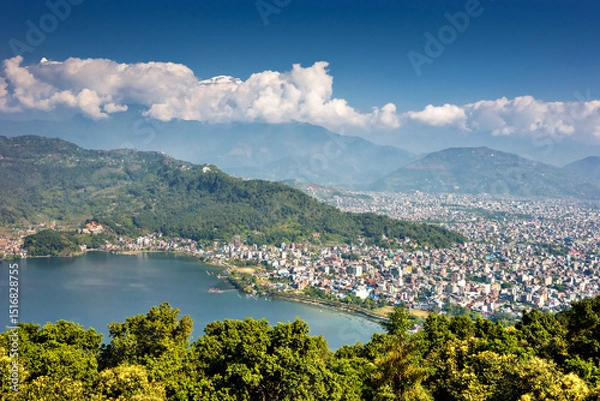 Obraz Bird eye view of the Pokhara town and Phewa lake from the World Peace Pagoda.