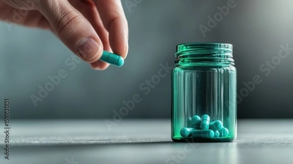 Obraz A hand carefully reaches for a turquoise capsule from a glass jar, highlighting themes of health, wellness, and the importance of mindful consumption in a modern lifestyle.