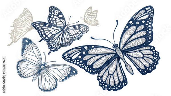 Fototapeta Set of Butterfly Silhouette Vector Illustrations Elegant Insect Graphic Collection