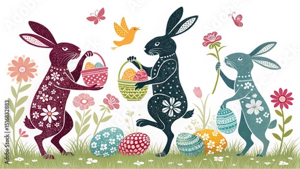 Fototapeta Happy Easter Modern Design with Bunnies, Eggs, and Flowers in Pastel Colors