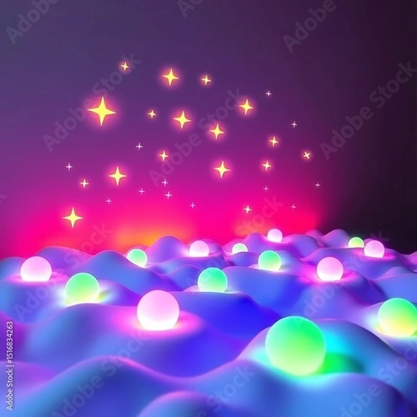Obraz Glowing Orbs and Stars in a Futuristic 3D Landscape