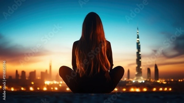 Obraz A silhouette of a contemplative woman sitting against a vibrant sunset skyline, symbolizing reflection, serenity, and the beauty of solitude amidst the hustle and bustle of life.