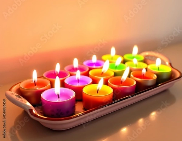 Obraz Colorful Tealight Candles on a Decorative Tray