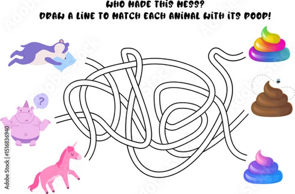 Fototapeta Humorous children s maze with panda, unicorn and hippo finding their poop. Colorful poop icons and silly expressions. Stock vector illustration in flat cartoon style.