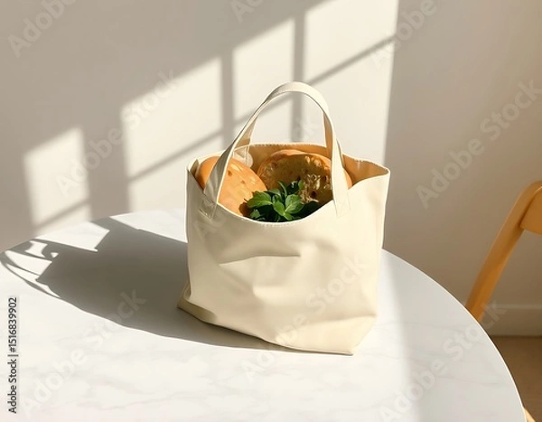 Obraz Canvas Bag Filled with Groceries on a White Table