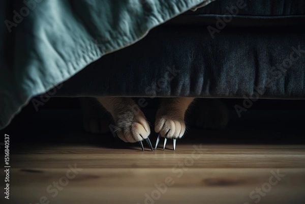 Fototapeta A cat??s claws extending out from beneath a dark velvet sofa, barely catching the light as they scrape against the wooden floor
