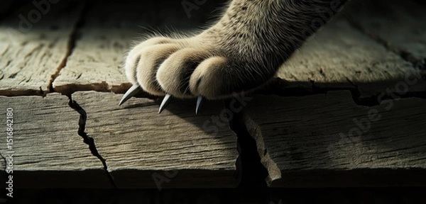 Fototapeta A cata??s paw gripping the edge of a cracked wooden floorboard, its claws digging into the aged surface. The lighting casts dramatic shadows that heighten the tension in the scene.



