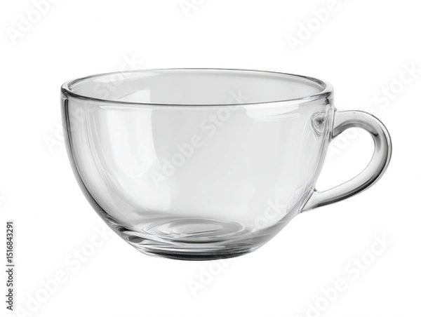 Obraz An empty clear glass cup with a handle is seen on a plain white background, ready to be filled with a beverage like tea or coffee for drinking and enjoying now.