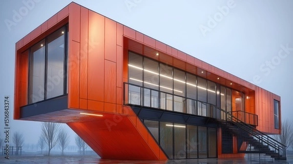 Obraz A high-resolution architectural photograph of a bold, modern house painted in a strikingbright orange-red hue