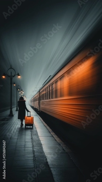 Obraz passenger with suitcase waiting on dark train platform with motion blur