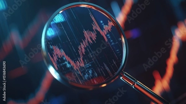 Obraz Magnifying glass highlights business growth chart with upward trend. Generative AI analysis financial success stock increase profit investment statistic performance market economy improvement