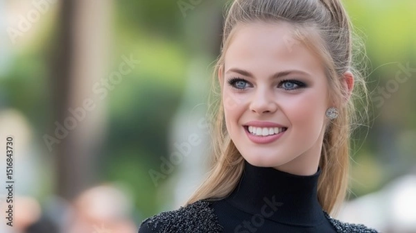 Obraz Smiling woman in black turtleneck with elegant earrings
