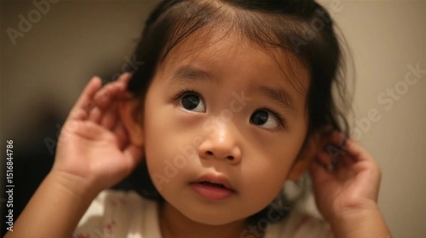 Obraz 	Young child holding ear with pained expression in pediatric clinic, childhood illness and earache concept, kid suffering from infection or pain at doctor office.