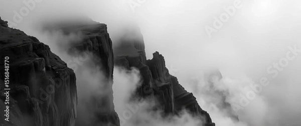 Fototapeta Misty mountain cliff edge, stark black and white, fog-shrouded abyss,  texture,  landscape