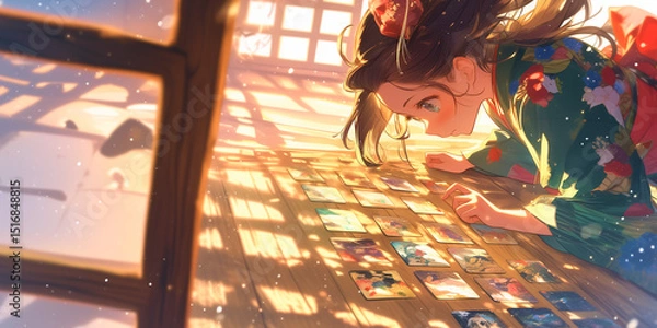 Obraz カルタをする女性。水彩画。イラスト。