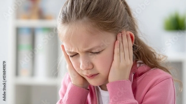 Obraz 	Young child holding ear with pained expression in pediatric clinic, childhood illness and earache concept, kid suffering from infection or pain at doctor office.