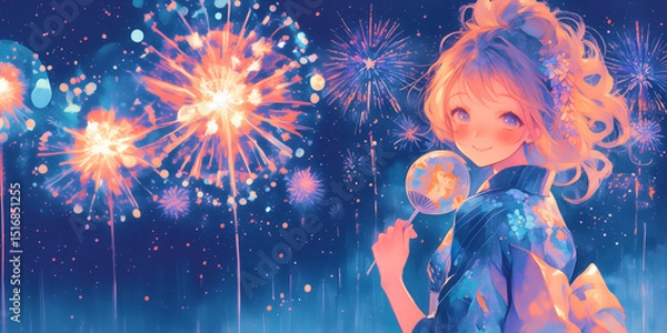 Obraz 花火を楽しむ浴衣姿の女の子。水彩画。イラスト。