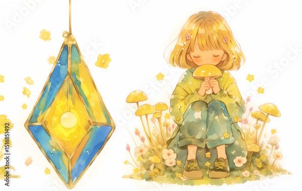 Obraz きのこ好きの女性。水彩画。イラスト。