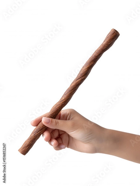 Obraz A woman's hand delicately holds a twisted brown dog treat stick against a plain white background, showcasing a healthy chew snack for canine dental care.