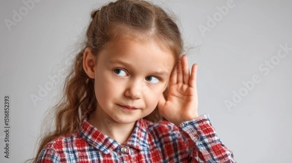 Obraz 	Young child holding ear with pained expression in pediatric clinic, childhood illness and earache concept, kid suffering from infection or pain at doctor office.