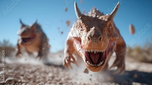 Obraz A dynamic image of two fierce dinosaurs charging through a barren desert, evoking feelings of power, adventure, and prehistoric wonder in a strikingly dramatic setting.