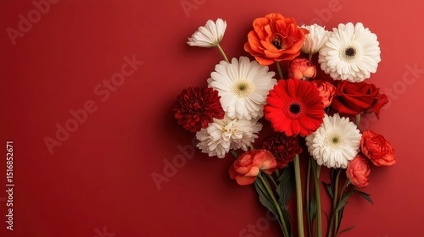 Obraz A vibrant arrangement of various flowers against a bold red backdrop, evoking emotions of love, joy, and beauty, perfect for celebrations and special occasions.
