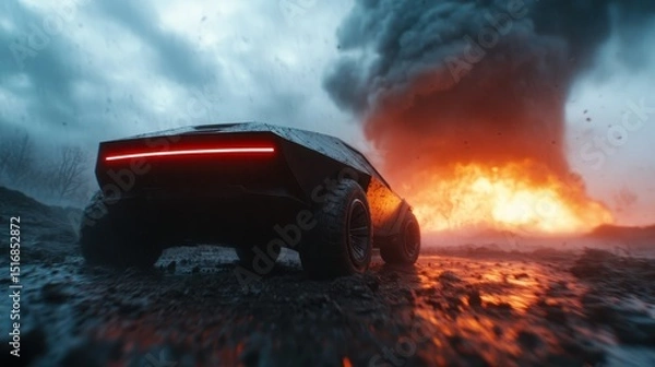 Obraz A futuristic vehicle stands amidst a dramatic storm, symbolizing strength, resilience, and adventure, capturing a striking moment filled with tension and that ignites the imagination.