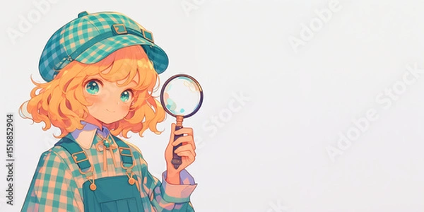 Obraz 探偵ごっこをしているミステリーが好きな女の子。水彩画。イラスト。