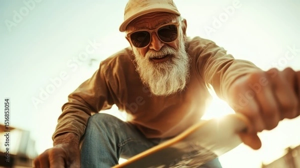 Obraz A spirited elderly man dressed casually skates with joy during the golden hour, emphasizing the timelessness of passion and adventure in all stages of life.