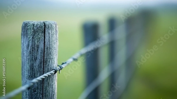 Obraz A close-up shot of a rustic wooden fence post, with barbed wire running across it against a blurred natural background, conveying a sense of tranquility and rural life.