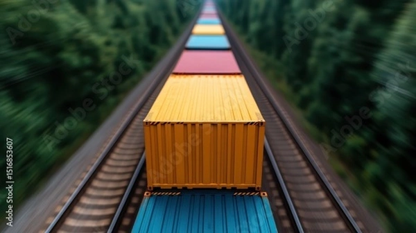 Obraz A train carrying multiple vivid cargo containers is captured speeding down the tracks, representing modern transportation logistics and the movement of goods in vibrant colors.