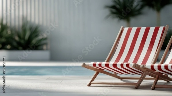 Obraz Brightly striped deck chairs sit next to a tranquil pool, inviting relaxation and leisure in a beautifully designed outdoor space surrounded by lush greenery.