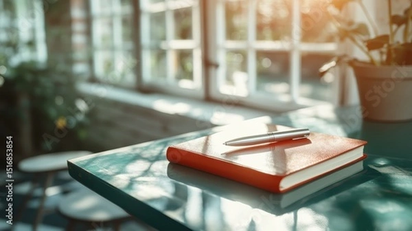 Obraz A vibrant notebook and sleek pen rest on a table in a sunlit workspace, inspiring creativity and productivity in a cozy and inviting atmosphere.
