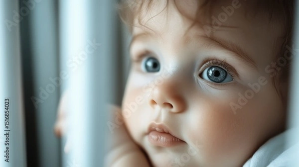 Obraz A charming baby with big blue eyes gazes curiously from behind crib bars, showcasing innocence and wonder, evoking feelings of tenderness and parental love.
