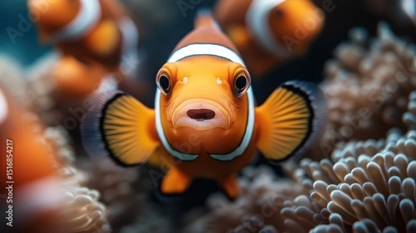 Obraz A vibrant clownfish explores a lively coral reef, showcasing the beauty of marine life and highlighting the delicate ecosystem that thrives beneath the ocean's surface.