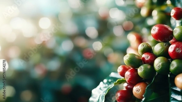 Obraz A close-up of ripe coffee cherries reflects the vibrant colors and textures of coffee agriculture, capturing the richness of nature and the journey from fruit to cup.