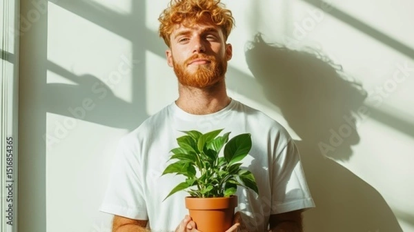 Obraz A young man with a beard holds a pot of green plant, emphasizing the connection between nature and personal growth within a bright, sunlit indoor setting.