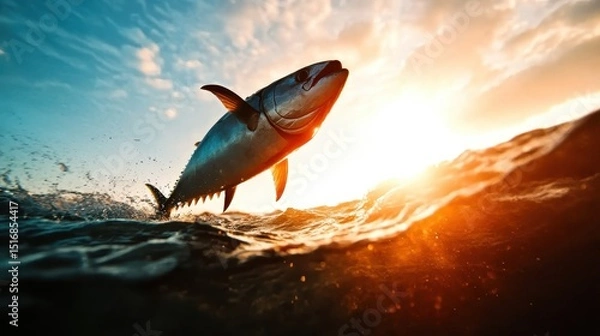 Obraz A powerful tuna fish leaps from the ocean's surface against a vibrant sunset backdrop, capturing the essence of freedom and the beauty of marine life in motion.